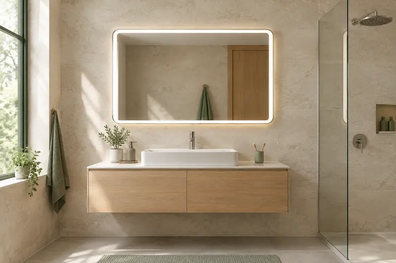 Miroir mural lumineux au-dessus d’un lavabo dans une salle de bain claire