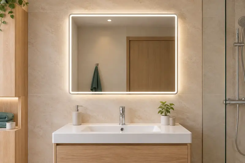 Miroir rectangulaire à éclairage frontal au-dessus d’un lavabo blanc