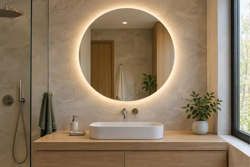Miroir rétroéclairé diffusant un halo sur un mur en pierre claire