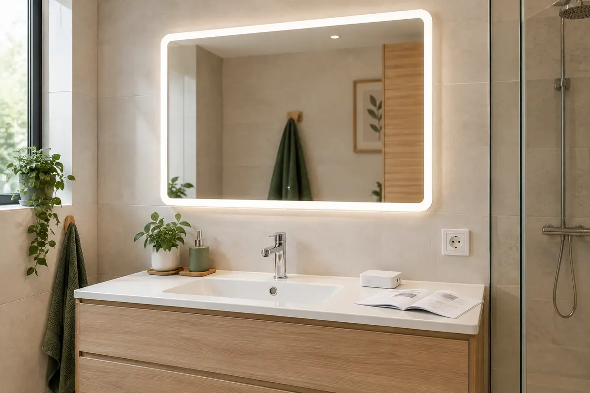 Miroir lumineux de salle de bains et boîtier d’alimentation fermé à comparer avant le remplacement