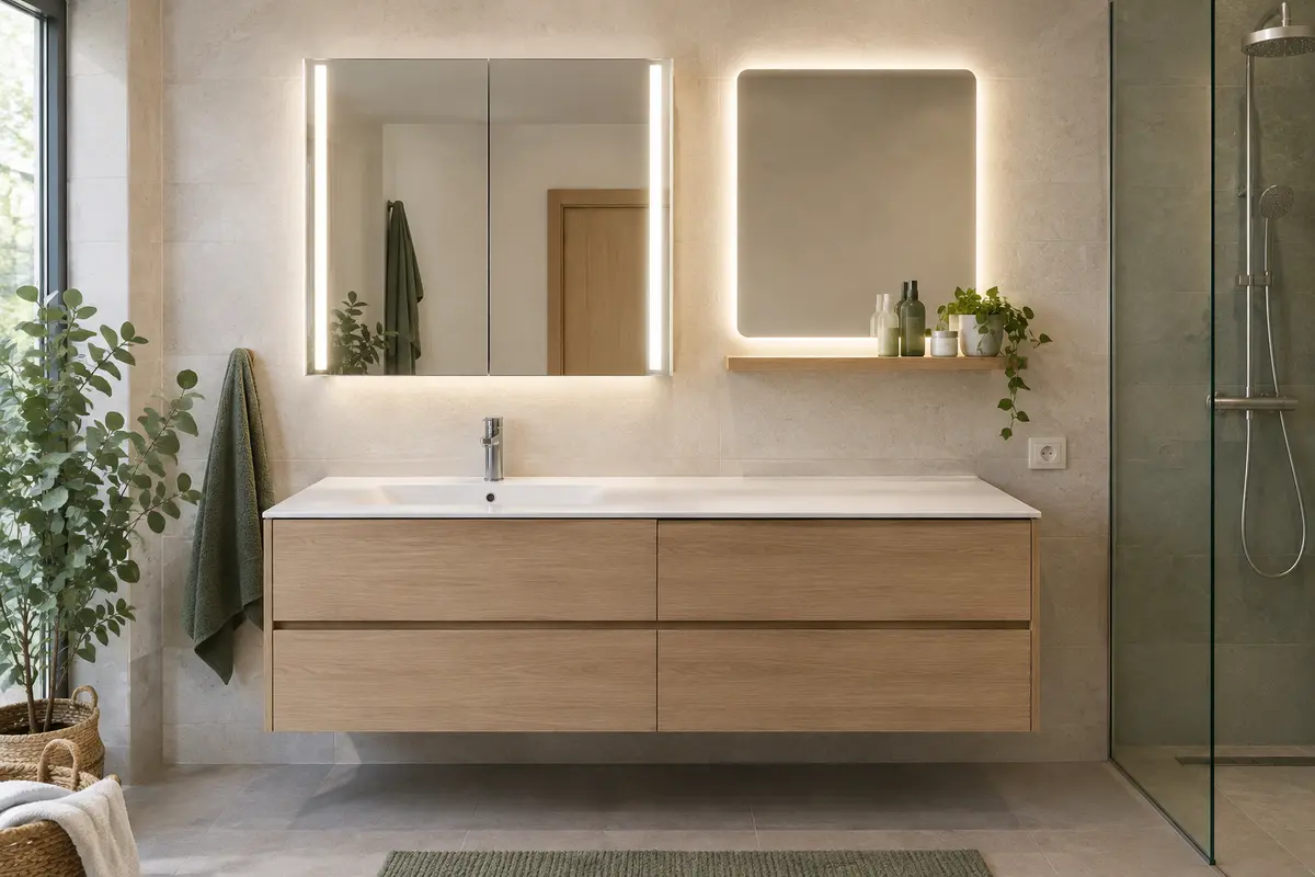 Armoire de toilette lumineuse et miroir avec tablette comparés au-dessus d’une vasque