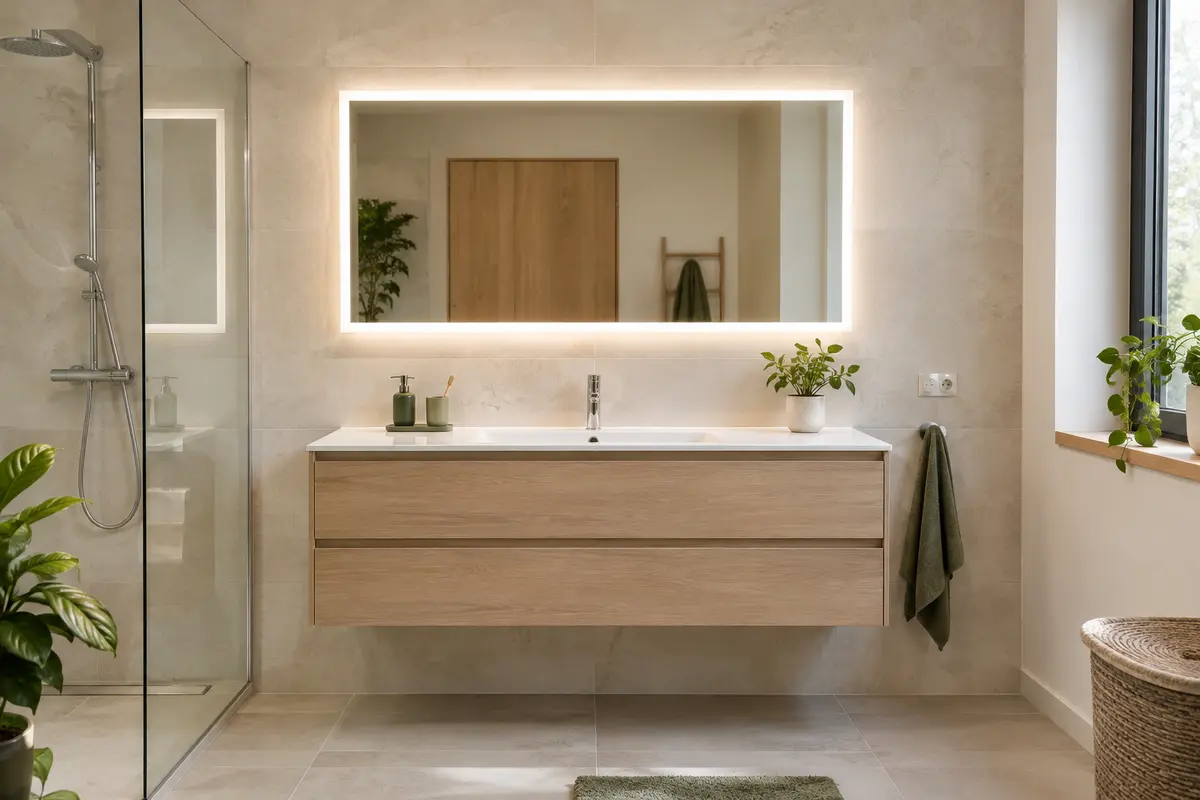 Miroir lumineux frontal au-dessus d’un meuble vasque, dans une salle de bains claire et épurée.