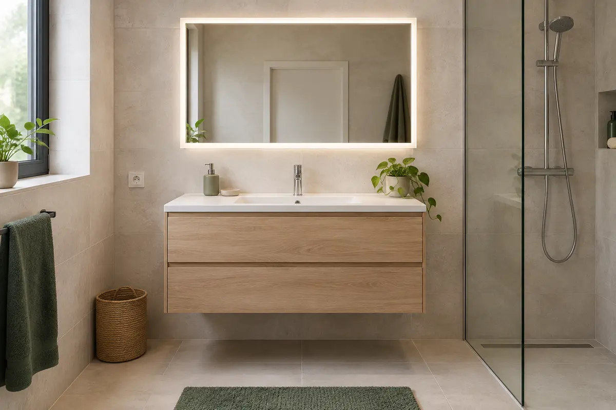 Miroir lumineux au-dessus d’un meuble vasque dans une salle de bains compacte