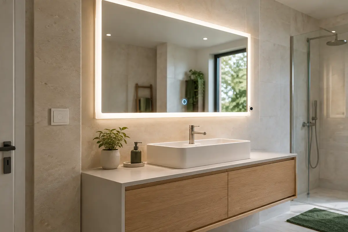 Miroir lumineux au-dessus d’une vasque avec interrupteur mural et commandes intégrées au cadre