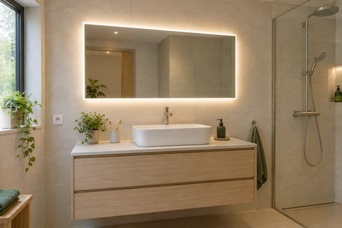 Miroir lumineux au-dessus d’une vasque, avec une lumière frontale diffuse et un halo discret sur le mur.