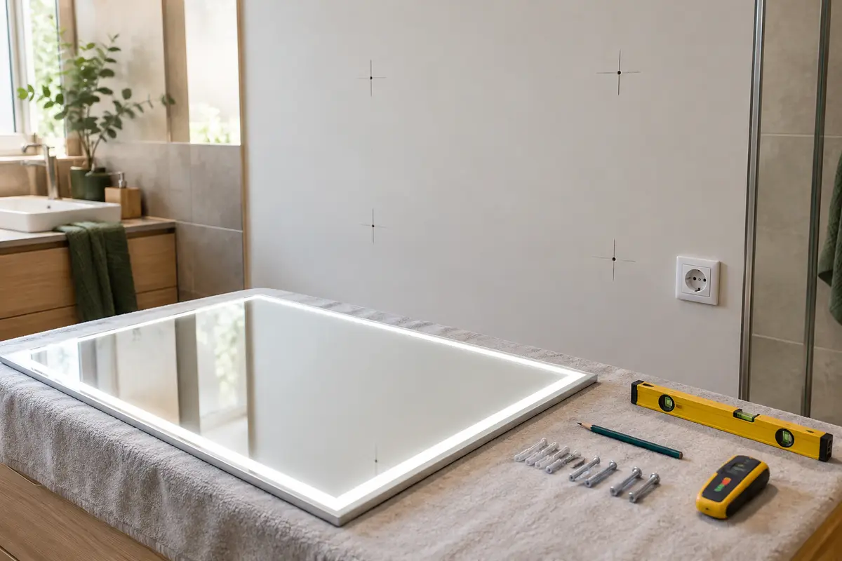 Miroir lumineux et fixations préparés devant une cloison en plaque de plâtre avant la pose