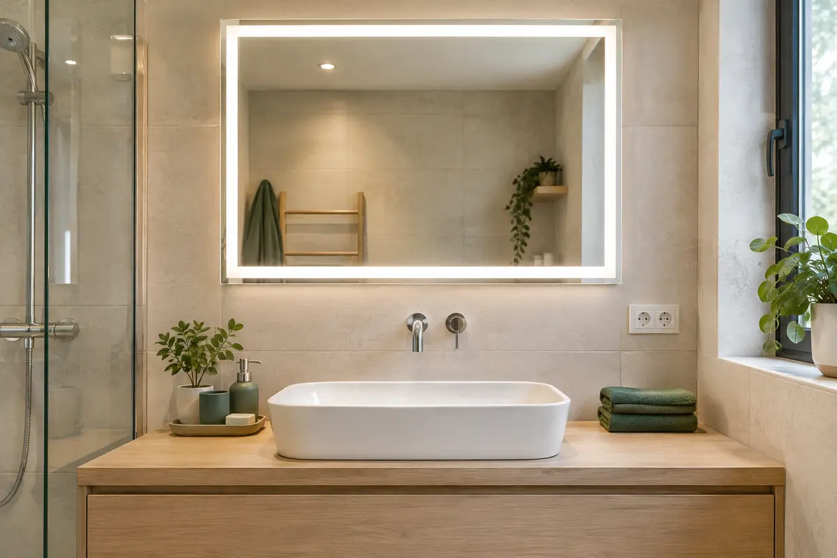 Miroir lumineux au-dessus d’une vasque, avec un espace visible entre le robinet et son bord inférieur.