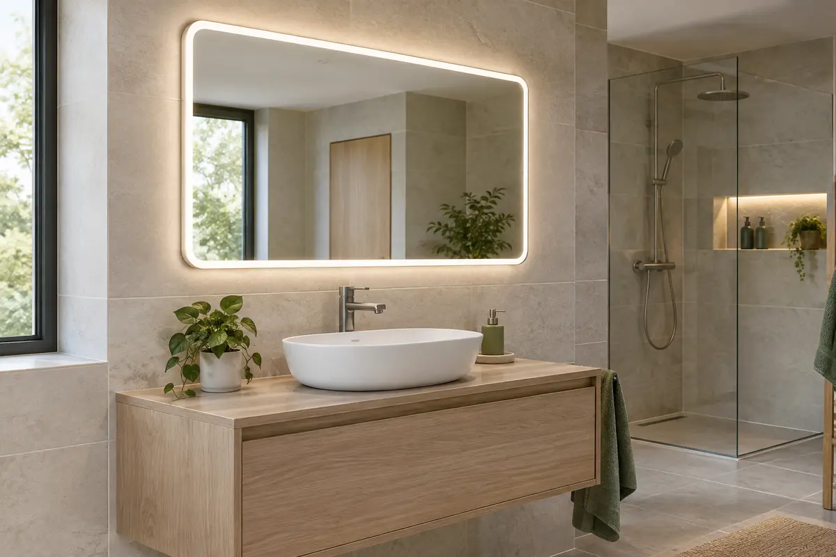 Miroir mural lumineux au-dessus d’une vasque, avec une douche vitrée visible à proximité