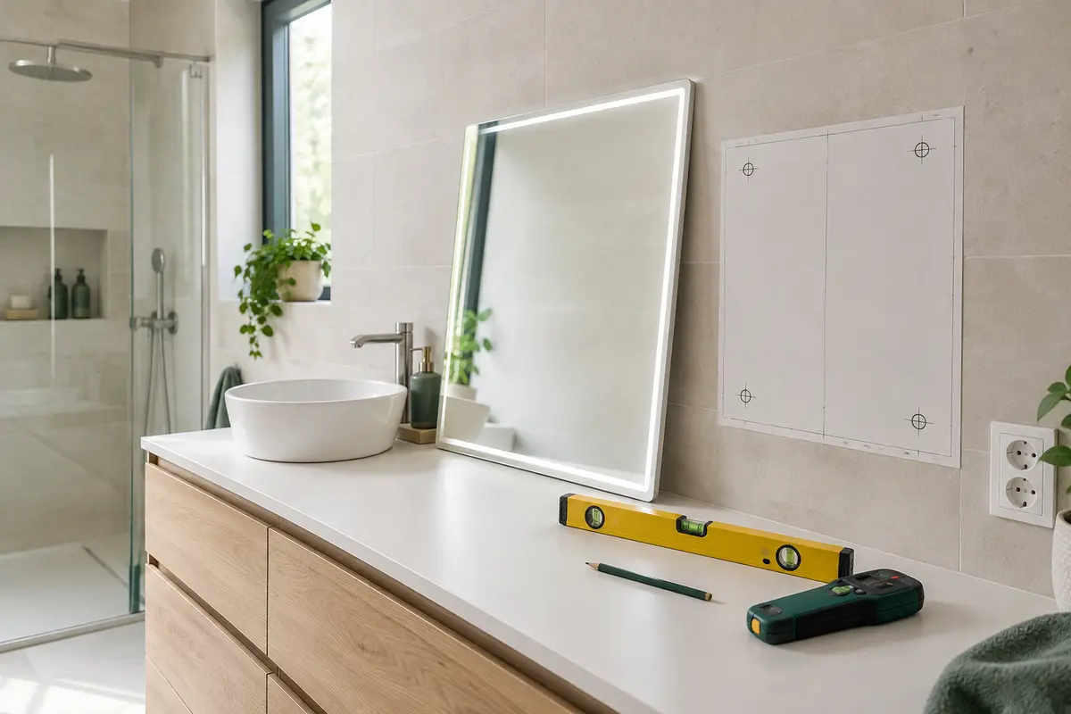 Miroir lumineux et outils de repérage posés devant un mur carrelé de salle de bain