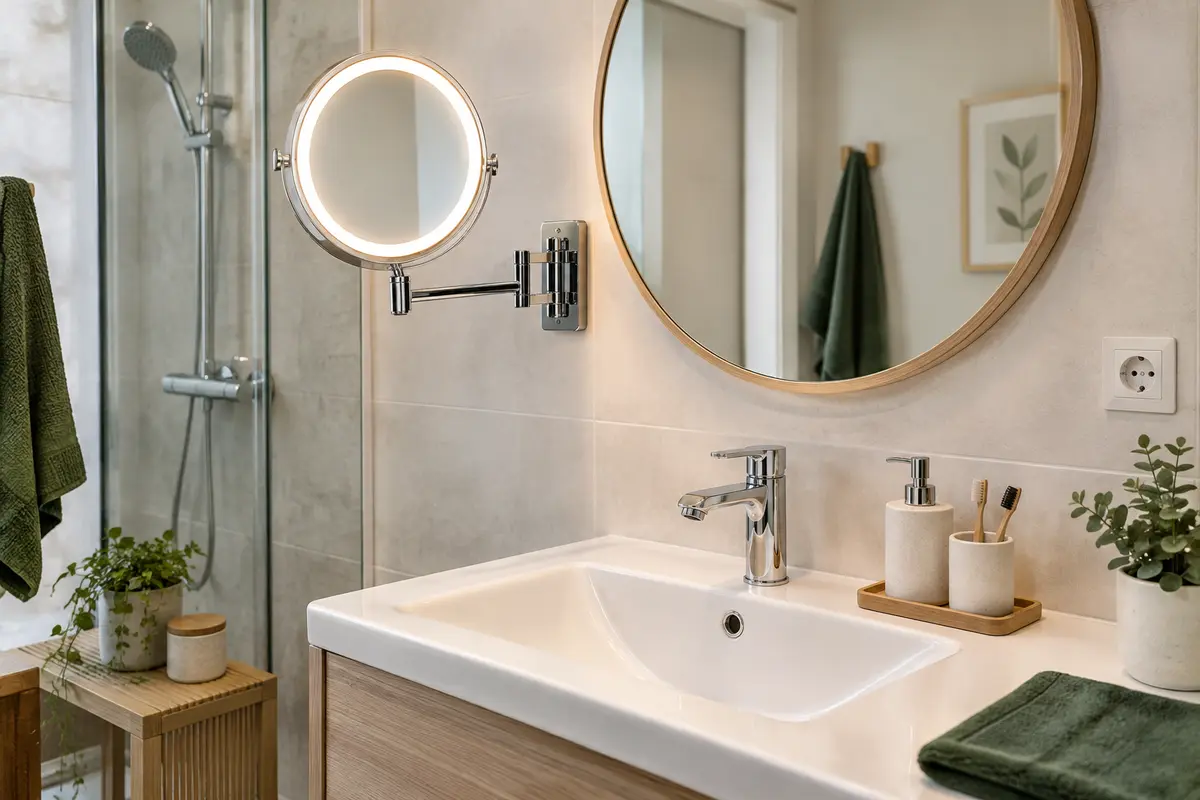 Miroir grossissant lumineux articulé installé près d’un lavabo compact, avec son bras repliable visible