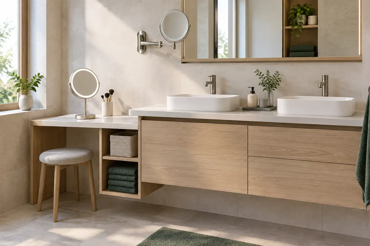 Coiffeuse compacte comparant un miroir lumineux à poser et un miroir mural articulé replié
