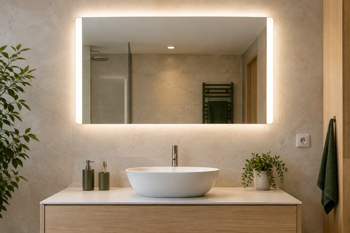 Miroir de salle de bain lumineux montrant un éclairage frontal et un halo rétroéclairé au-dessus d’une vasque