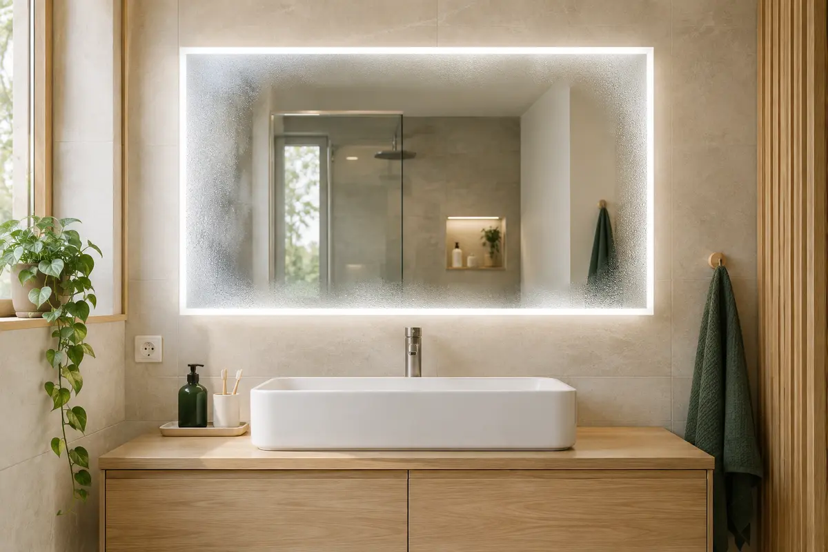 Miroir lumineux de salle de bains avec une zone centrale claire et des bords légèrement embués