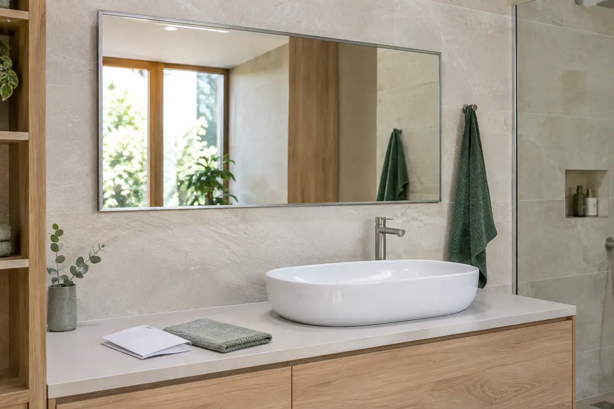 Miroir de salle de bains éteint au-dessus d’une vasque, avec une notice posée à proximité