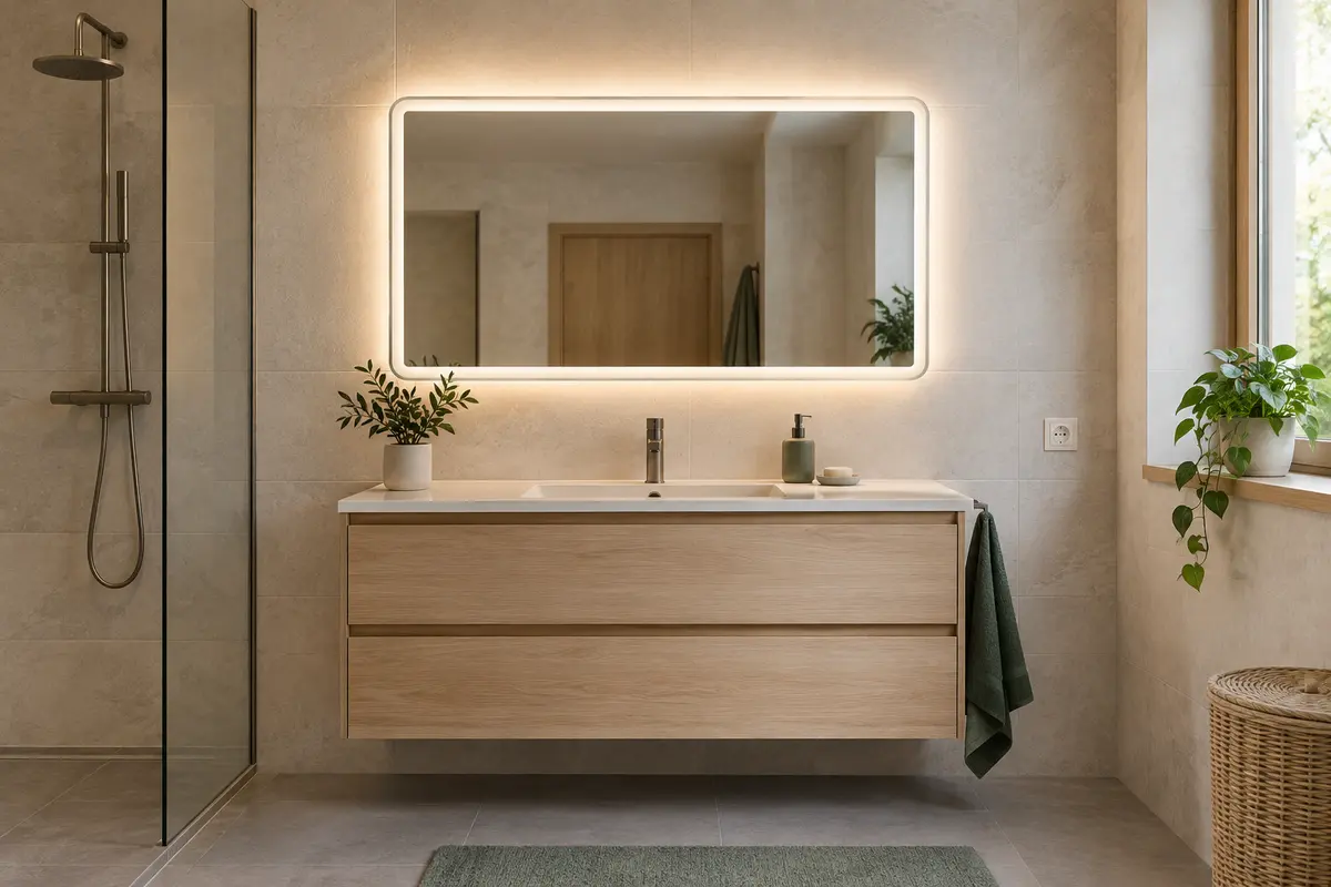 Miroir lumineux au-dessus d’une vasque, avec un éclairage réglé pour une ambiance douce
