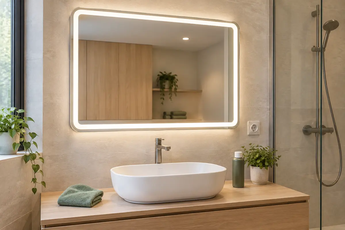 Miroir lumineux propre au-dessus d’une vasque, avec une microfibre posée à proximité