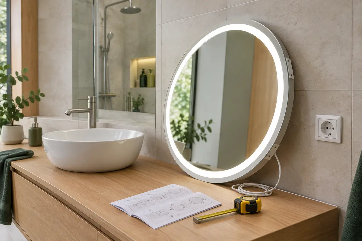 Miroir lumineux posé près d’une arrivée électrique murale avant son installation dans une salle de bain