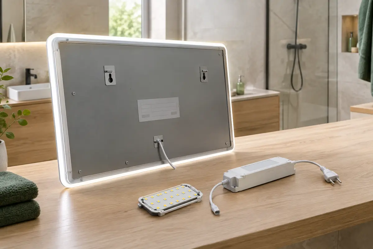 Miroir lumineux retourné avec un module LED et son alimentation posés à côté pour illustrer leur identification