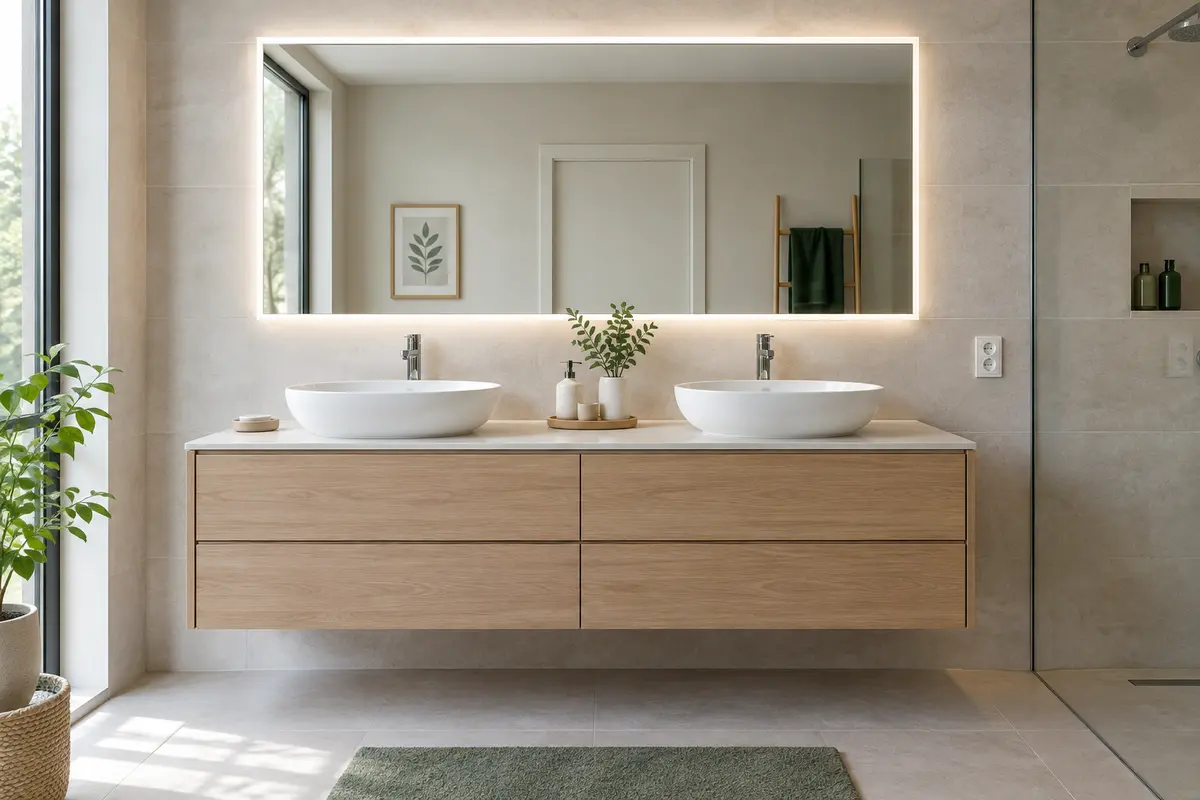 Miroir mural lumineux aligné au-dessus d’un meuble double vasque dans une salle de bains claire