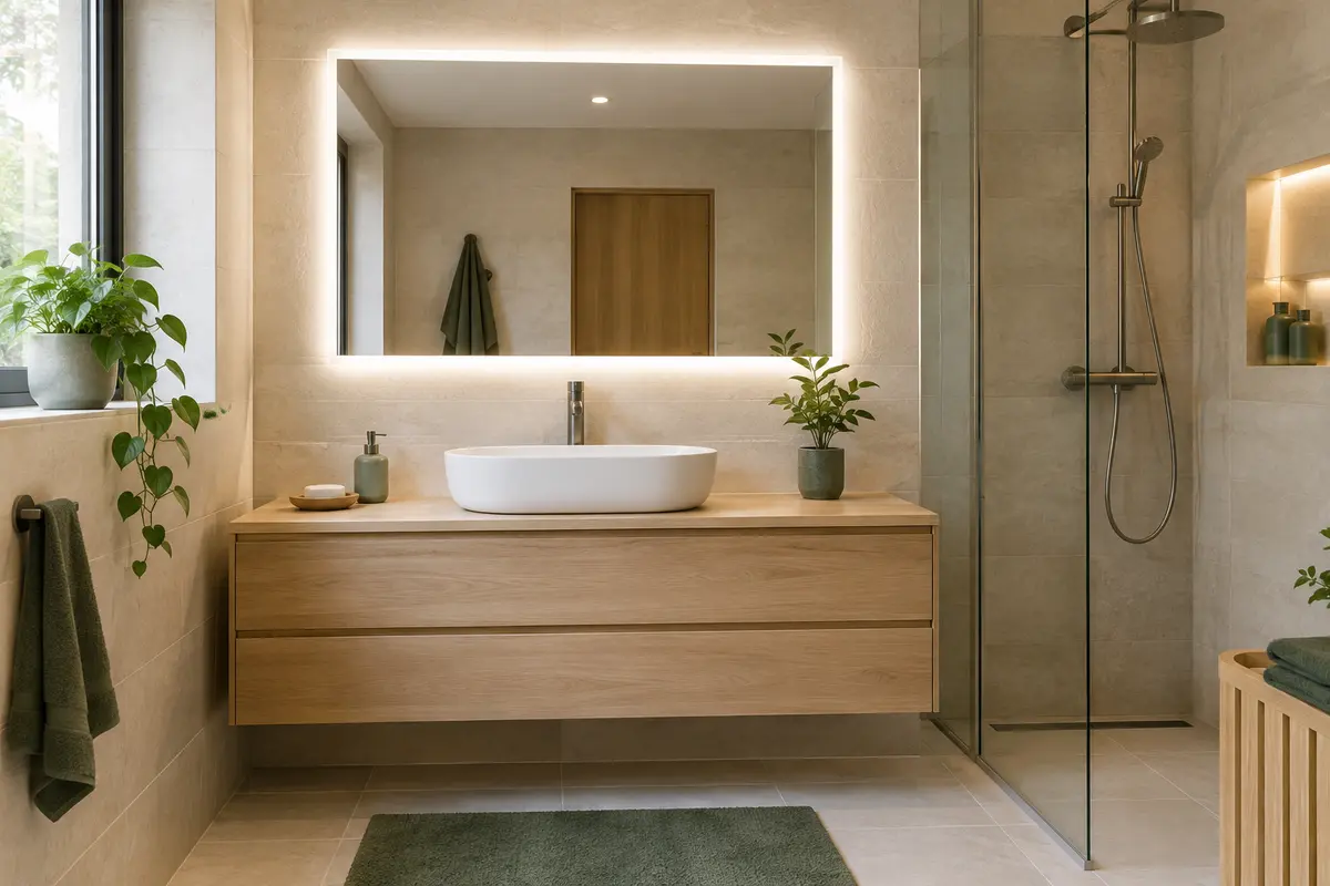 Miroir lumineux diffusant une lumière neutre au-dessus d’une vasque dans une salle de bains claire.