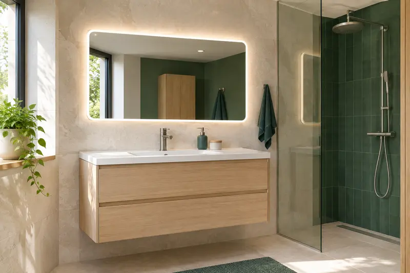 Détail d’un miroir lumineux et de son installation dans une salle de bain contemporaine