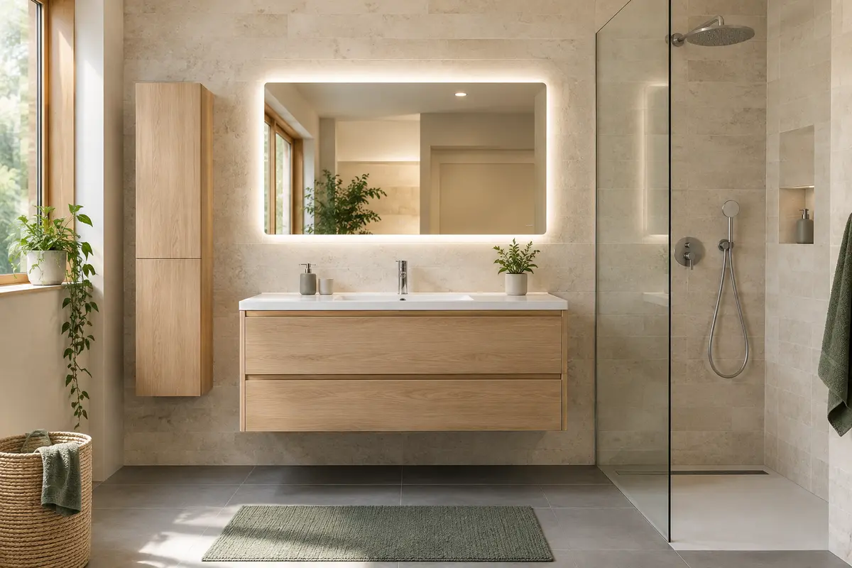 Miroir mural lumineux dans une salle de bain contemporaine aux matières claires et aux reflets doux